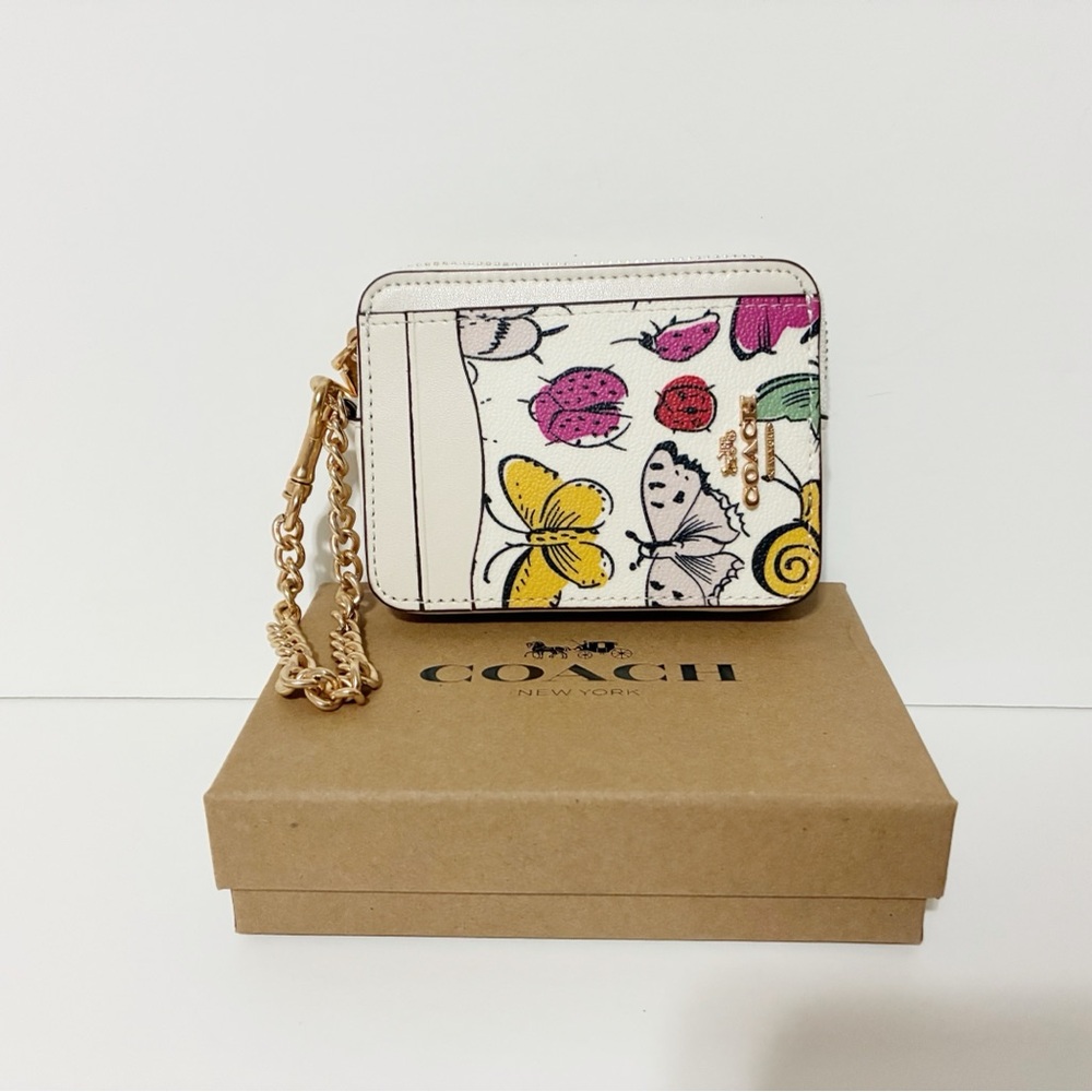 🌸New Coach Butterfly Printed Zip Card Case With Chain Wristlet